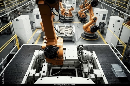 Modern factory using artificial intelligence robots and innovative technology, AI futuristic industry concept, AI generated
