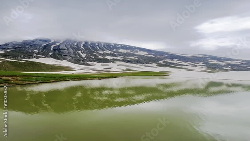 There is small lake and clouds in mountains with beautiful nature sounds photo
