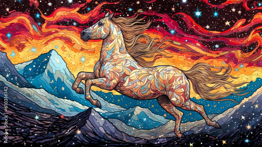 Horse running against swirling night sky, folk art, stylized colorful painting, expressive. Generative AI
