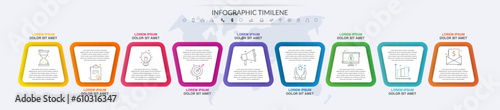 Vector infographics with 9 white quadrilaterals elements. Modern concept graphic process template with nine steps. Timeline for the business project on white background for app, diagram, illustration