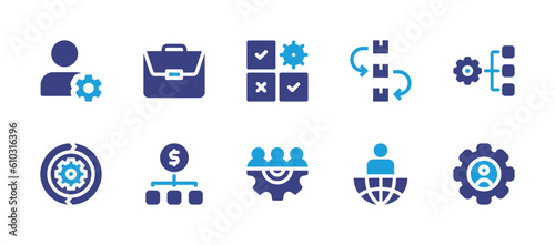 Business management icon set. Duotone color. Vector illustration. Containing profile  portfolio  tasks  prioritize  project management  sustain  money management  teamwork  leader  setting.