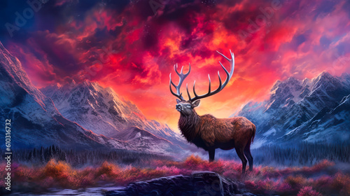Deer  mountains landscape  colorful  painting. Generative AI
