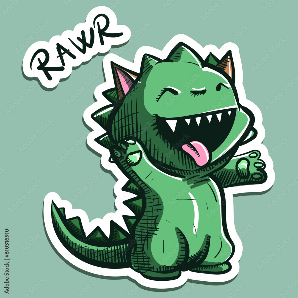 Obraz premium Digital art of a cartoon cat character wearing a dino costume and saying rawr. Vector of a dinosaur kitty going trick or treat for Halloween