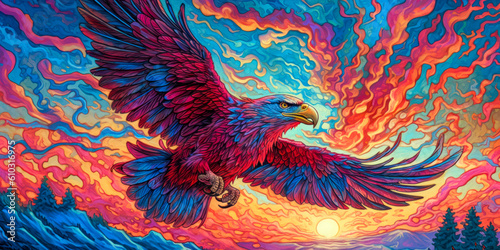 Bald eagle flying  swiling sky brushstrokes  colorful  painting. Generative AI