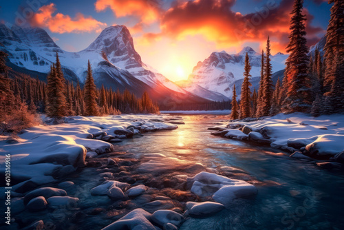 Mountains landscape, winter snow, rocky stream, background, photorealism. Generative AI