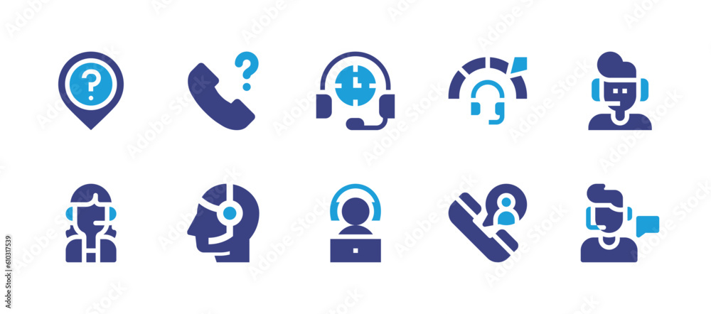 Call center icon set. Duotone color. Vector illustration. Containing call center, telephone, phone call, positive review, call center agent, online support, call.