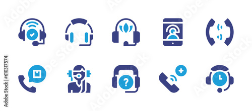Call center icon set. Duotone color. Vector illustration. Containing support, headset, headphone, call, order, telephonist, emergency call, customer service. © Huticon