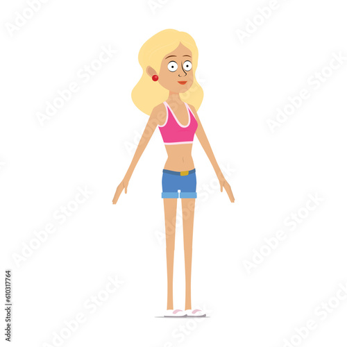 Blonde woman in short shorts and pink top. Cartoon character vector Illustration