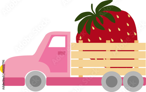 Vector illustration with pink  truck with red strawberry in cartoon style