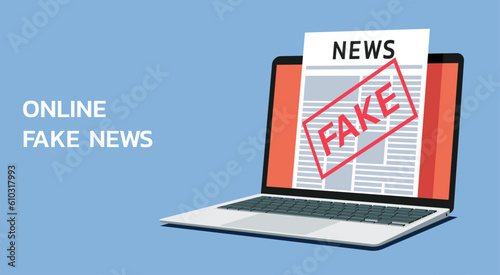 online fake news concept with digital newspaper document on laptop screen, vector flat illustration