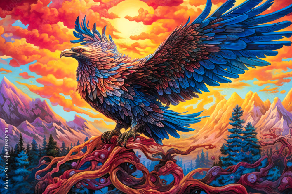 Perched hawk with outstretched wings, mountains landscape, colorful, painting. Generative AI