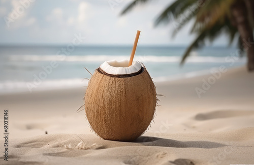 coconut cocktail isolated on white with a straw on a sandy beach, generative AI