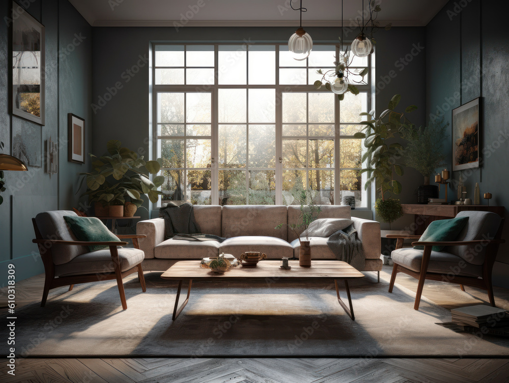 Stylish composition of cozy living room interior Created with Generative AI technology. Stylish composition of cozy living room interior Created with Generative AI technology.