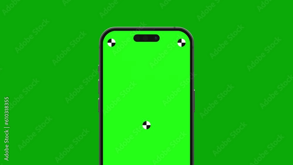 The smartphone's blank green screen with indicators flies in with rotates into the frame. Luma matte is included for easy replacement background. Modern frameless design, no motion blurs & focus