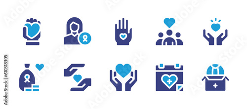 Charity icon set. Duotone color. Vector illustration. Containing love, woman, volunteer, community, donation, care, loyalty, calendar, toy.