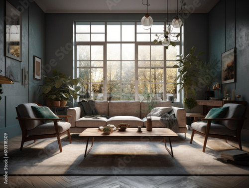 Stylish composition of cozy living room interior Created with Generative AI technology.