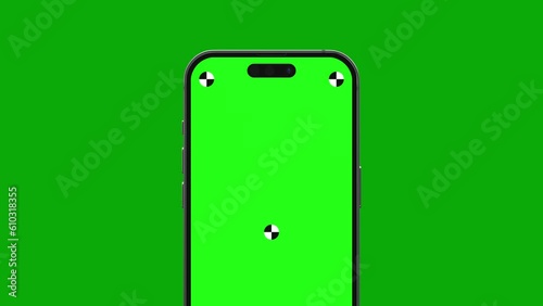 The smartphone's blank green screen with indicators flies in with rotates into the frame. Luma matte is included for easy replacement background. Modern frameless design, no motion blurs & focus