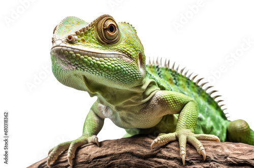 Close-up of a green lizzard on the branch isolated on white background, Generative AI