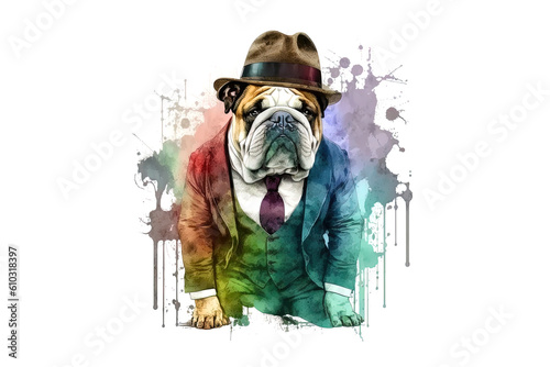 english bulldog in a hat drawn with watercolors isolated on a white background. AI generation photo