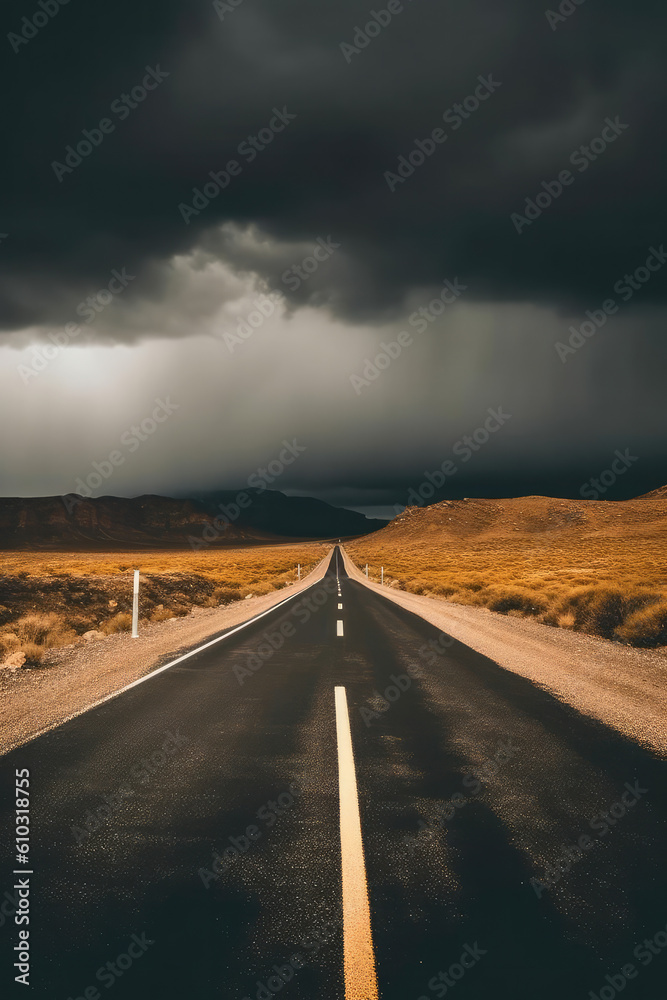 Fototapeta premium The road leading to the distance on the grassland under dark clouds.