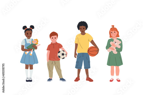 Set of different kids with toys and balls. Vector flat style cartoon illustration