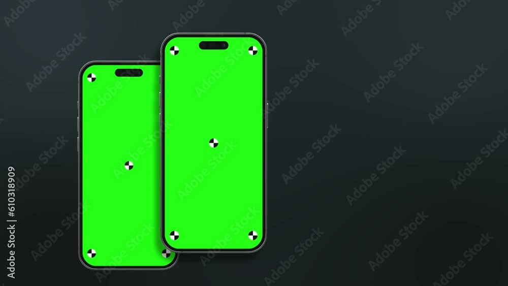 The smartphone's blank green screen with indicators flies in with rotates into the frame. Luma matte is included for easy replacement background. Modern frameless design, no motion blurs & focus