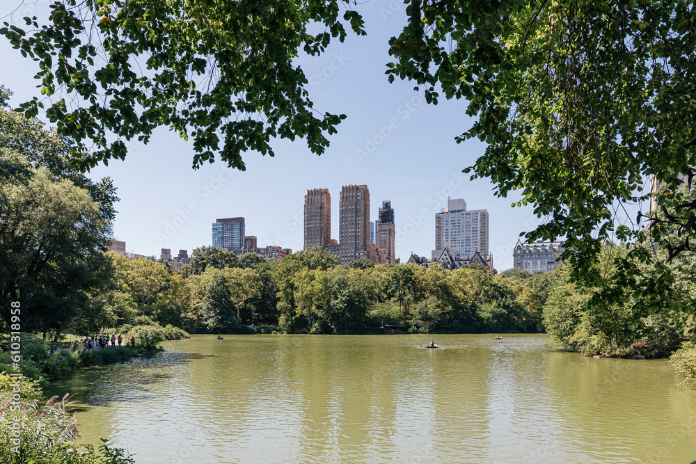 A view at the Central Park lake, sunny day