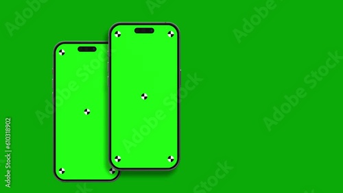 The smartphone's blank green screen with indicators flies in with rotates into the frame. Luma matte is included for easy replacement background. Modern frameless design, no motion blurs & focus
