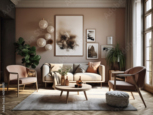 Stylish composition of cozy living room interior Created with Generative AI technology. © Denis Darcraft