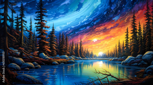 Winter forest and lake landscape, night, background, colorful sky, painting. Generative AI