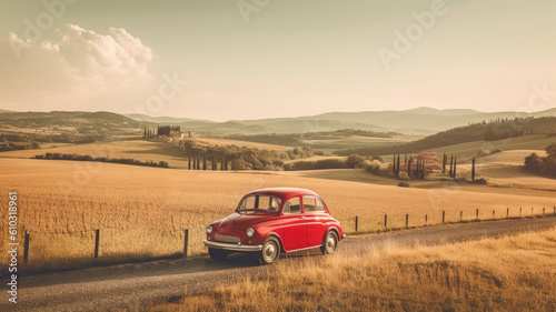 Vintage red car in the Tuscan hills. Tourism and travel concept background.  © Татьяна Прокопчук