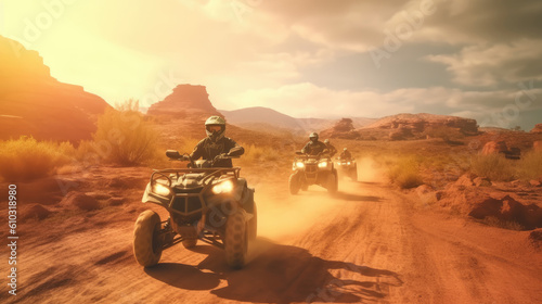 Group people riding atv vehicle on offroad track in touristic tour. 