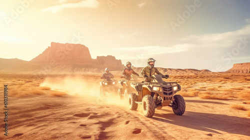 Group people riding atv vehicle on offroad track in touristic tour. Created with generative AI technology. © Татьяна Прокопчук