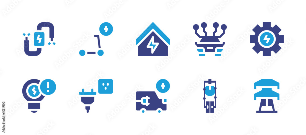 Electricity icon set. Duotone color. Vector illustration. Containing electricity, electric scooter, electric car, electric gear, electric plug, electrical circuit, electric power.