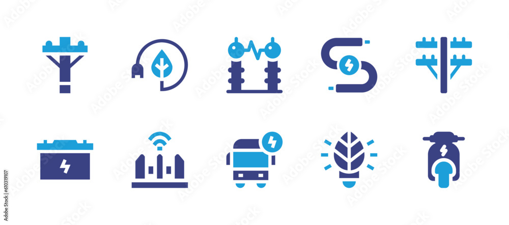 Electricity icon set. Duotone color. Vector illustration. Containing electric pole, energy saving, transition, wire, car battery, fence, electric bus, lightbulb, electric scooter.