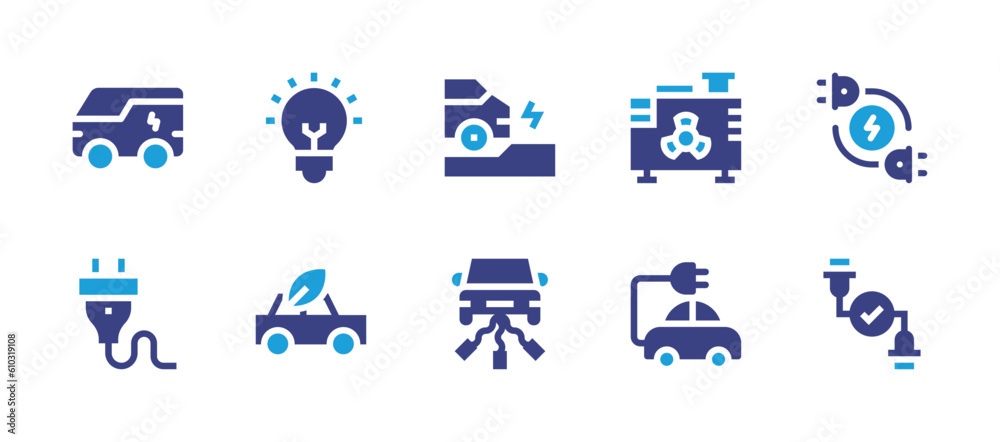 Electricity icon set. Duotone color. Vector illustration. Containing car, idea, electric car, electric generator, sustainable energy, plug, eco car, successful connection.