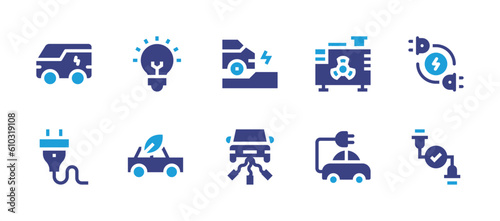 Electricity icon set. Duotone color. Vector illustration. Containing car, idea, electric car, electric generator, sustainable energy, plug, eco car, successful connection.