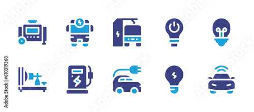 Electricity icon set. Duotone color. Vector illustration. Containing electric generator, electric bus, electric station, off, light bulb, electric telegraph, electric car, lightbulb.