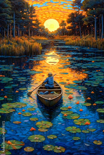 Paddling a canoe down a lily pad covered river, landscape, background, colorful, painting. Generative AI © Sunshower Shots