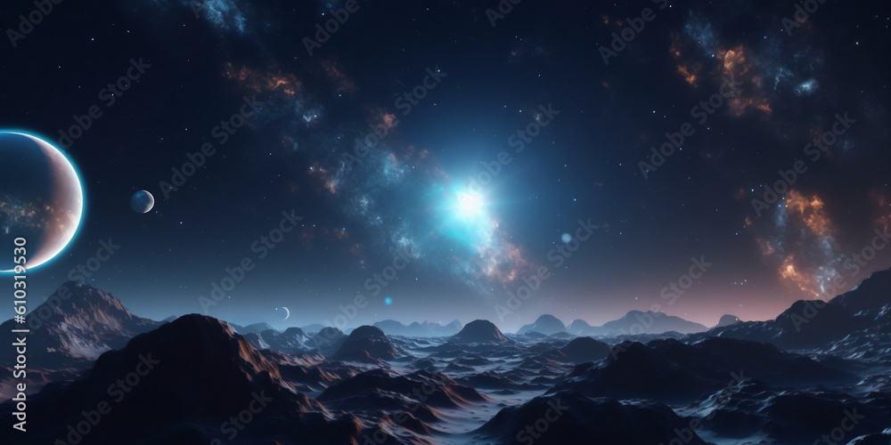 New world in black and deep blue background. night landscape with moon