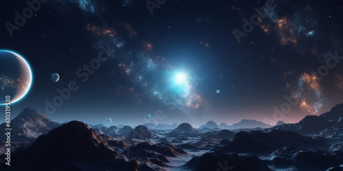 New world in black and deep blue background. night landscape with moon