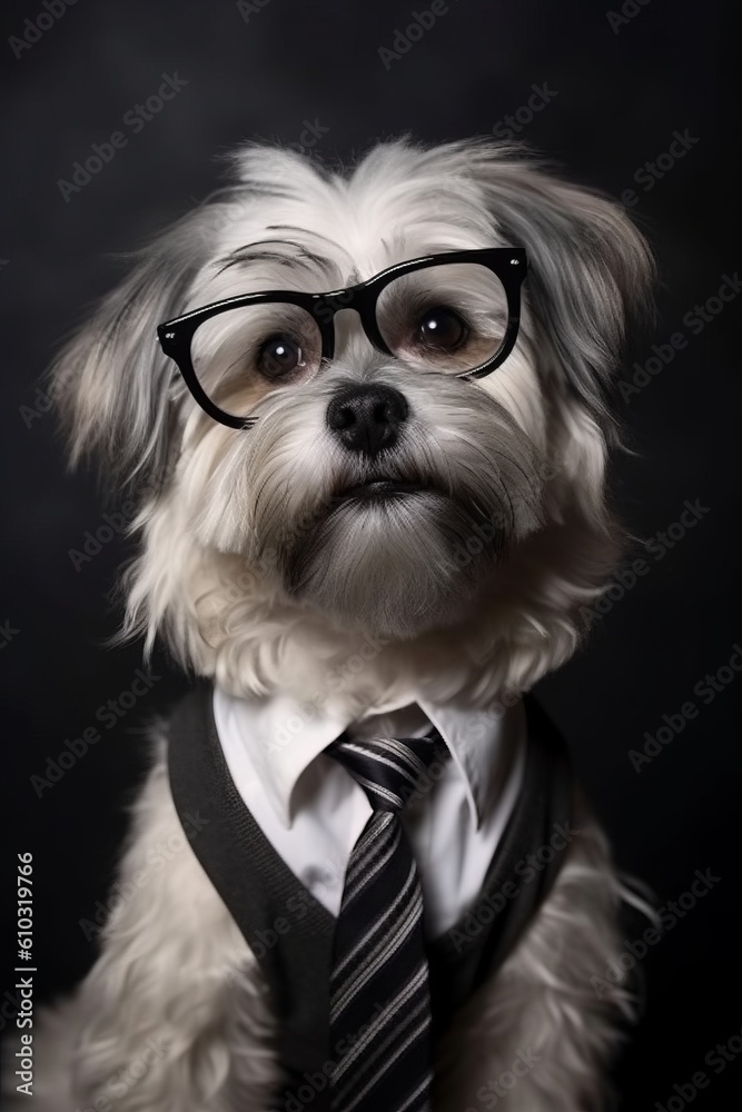 Illustration of a stylish dog dressed for success in a tie and glasses created with Generative AI technology