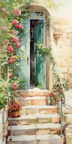 Delicate Watercolor Painting Of A Green Door And Roses photo