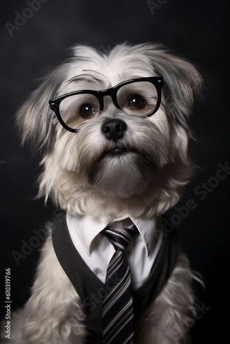 Illustration of a stylish dog dressed for success in a tie and glasses created with Generative AI technology