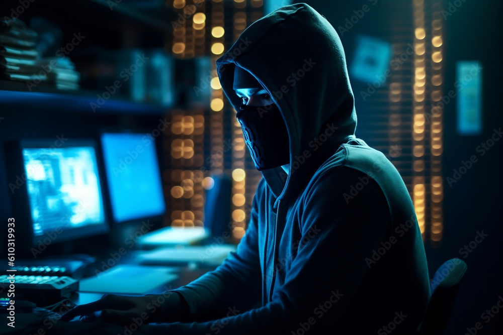 Hacker male man in mask and hood, sitting in apartment typing on laptop, hacking computer system. Internet, user privacy cybersecurity, blockchain, cybernetics, data protection concept. Generative AI Hacker male man in mask and hood, sitting in apartment typing on laptop, hacking computer system. Internet, user privacy cybersecurity, blockchain, cybernetics, data protection concept. Generative AI