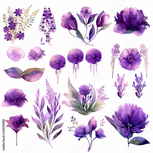 Fototapeta Naklejka Na Ścianę i Meble -  Set of purple floral watecolor. flowers and leaves. Floral poster, invitation floral. Vector arrangements for greeting card or invitation design	
