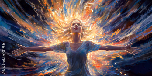 Woman with arms outstretched, spiritual awakening, swirling sky, painting, wide. Generative AI