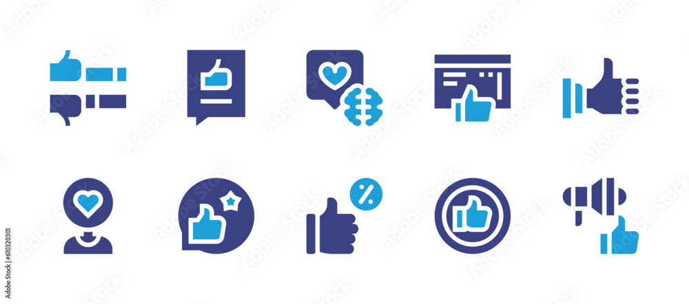 Like icon set. Duotone color. Vector illustration. Containing feedback, thumbs up, brain, follower, customer feedback, good, approved, ethical marketing.