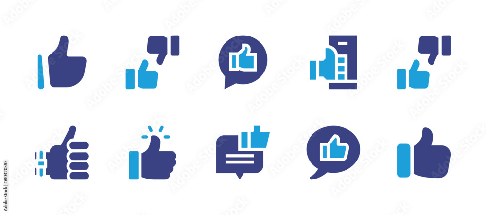 Like icon set. Duotone color. Vector illustration. Containing like, disagreement, finger, smartphone, thumbs up, thumb up, speech bubble.