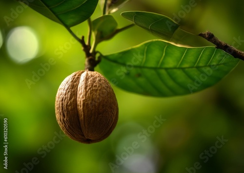 nutmeg still attached to the Myristica fragrans tree, with green leaves in the background